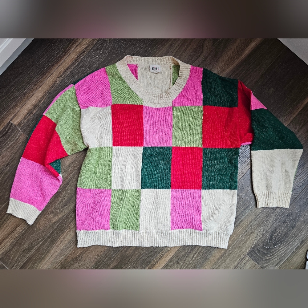 BiBi Vibrant Checkered Sweater in Pink, Green, and Cream